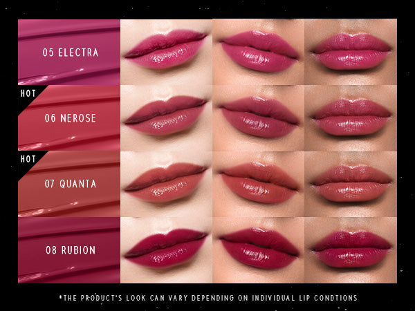 TimePhoria STELLAR DUST LIP STAIN color swatches on lips with brand name, showing different shades.