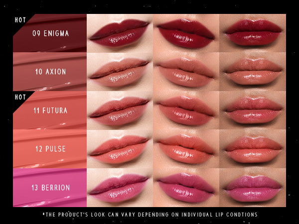 TimePhoria STELLAR DUST LIP STAIN color swatches with brand name on lips against a white background