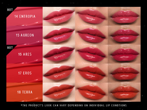 TimePhoria STELLAR DUST LIP STAIN color swatches on lips with product names and color codes.