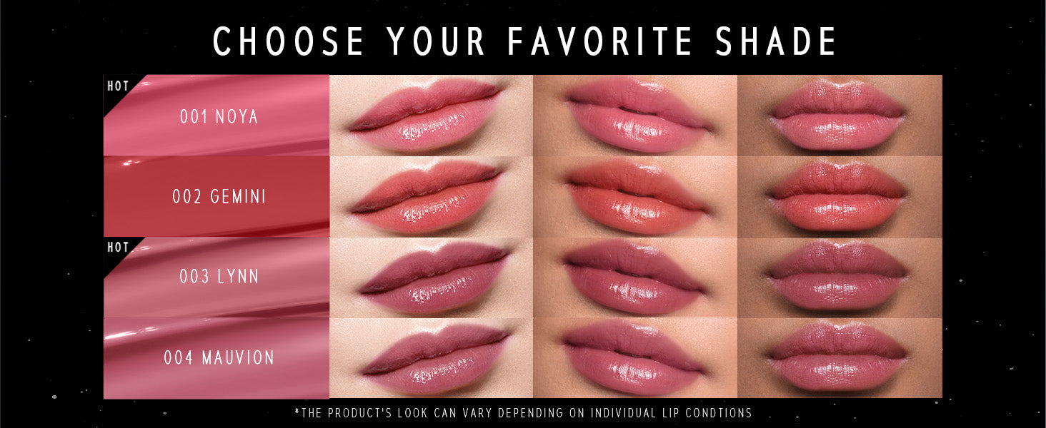 Stellar Dust Lip Stain color swatches with shades labeled 001 Noya, 002 Gemini, 003 Lynn, and 004 Mauivion on a black background.