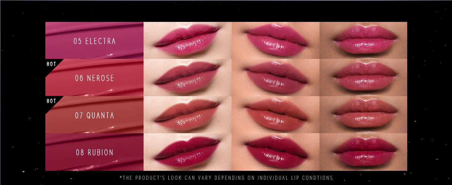 Stellar Dust Lip Stain color swatches with shades O5 ELECTRA, 06 NEROSE, O7 QUANTA, O8 RUBION