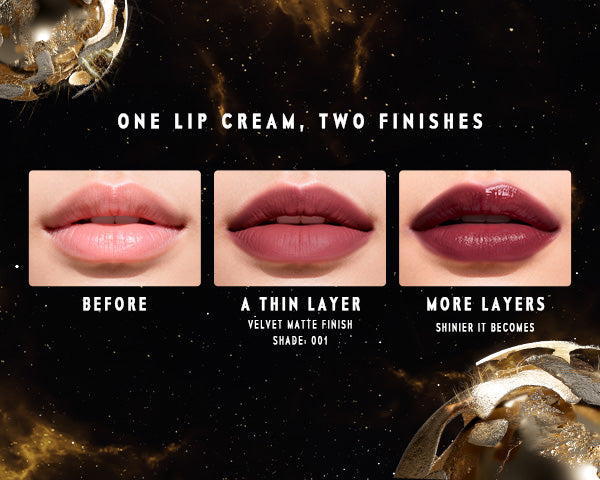 Timephoria Switching Lip Cream transformation showing 'Before', 'A Thin Layer', and 'More Layers' with different finishes.