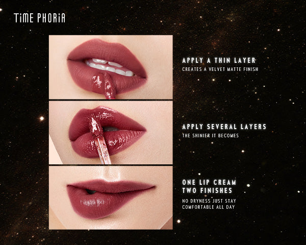 Timephoria Switching Lip Cream application tips with ONE LIP CREAM TWO FINISHES