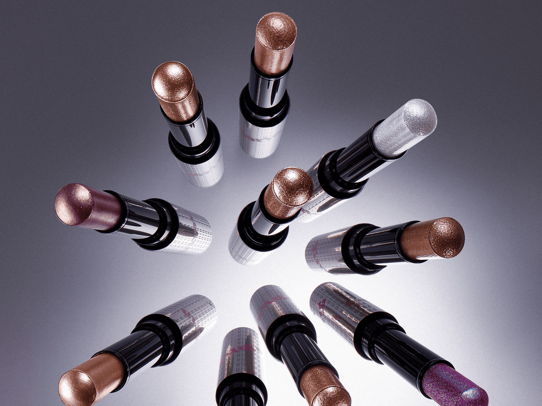 Ten Illumina Jelly Eyeshadow Stick shade swatches labeled 001 Moonshell through 010 Amethyst on a neutral background.  