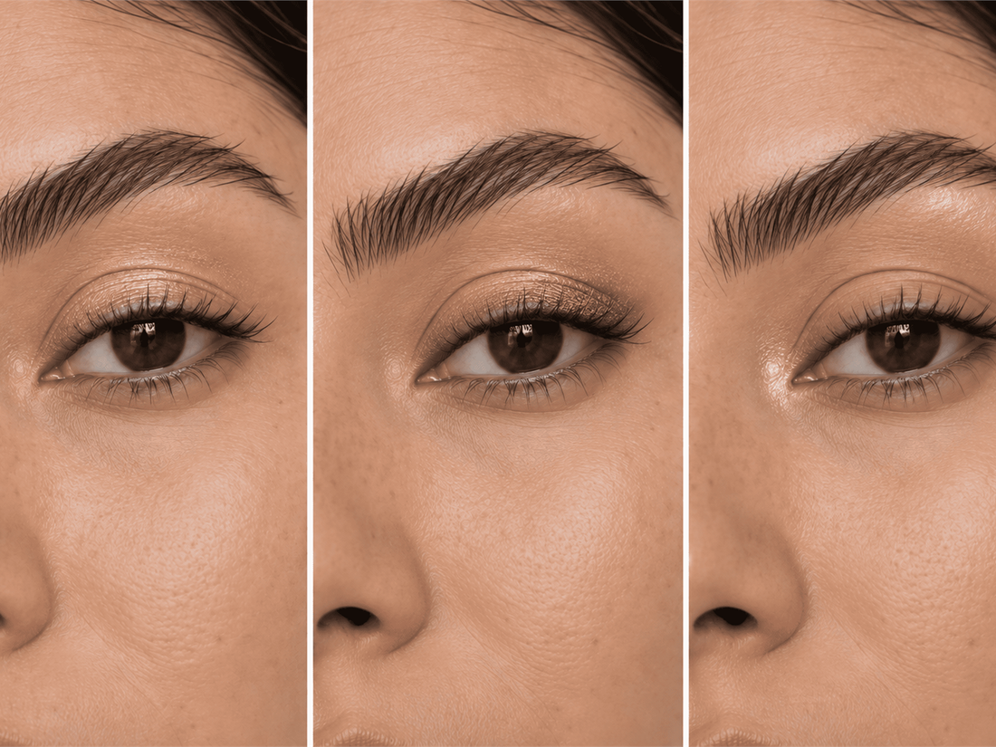 Three close-up eye looks showing an eyeshadow stick as lid color, a soft upper-lash accent, and a highlight just outside the inner corner.  