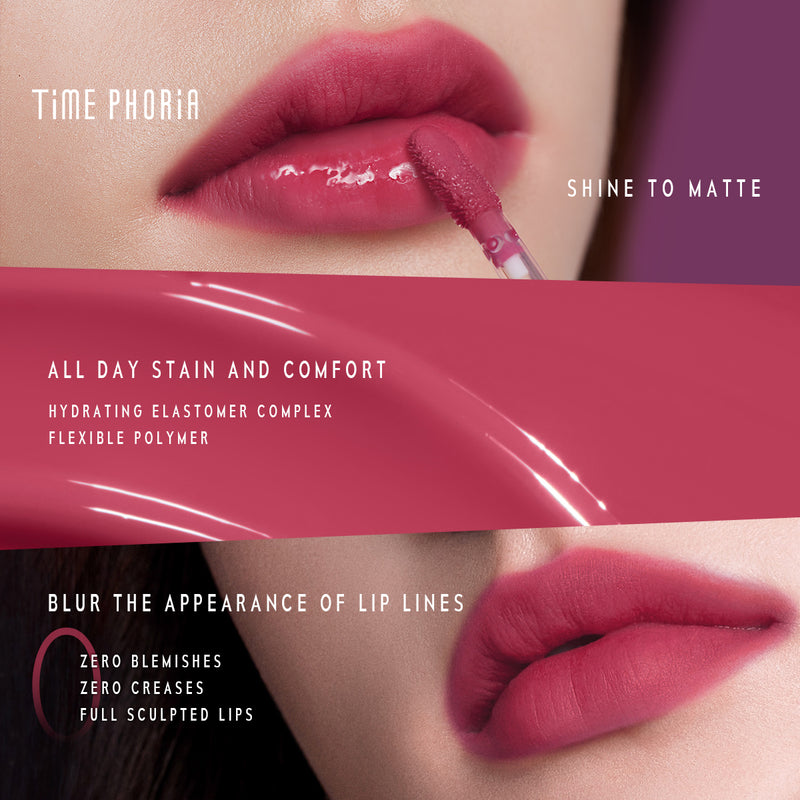 Time phoria ALTERA Blurring Lip Tint with 'Shine to Matte' text and 'ALL DAY STAIN AND COMFORT'