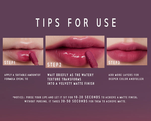 Time phoria ALTERA Blurring Lip Tint application steps with text on a purple background