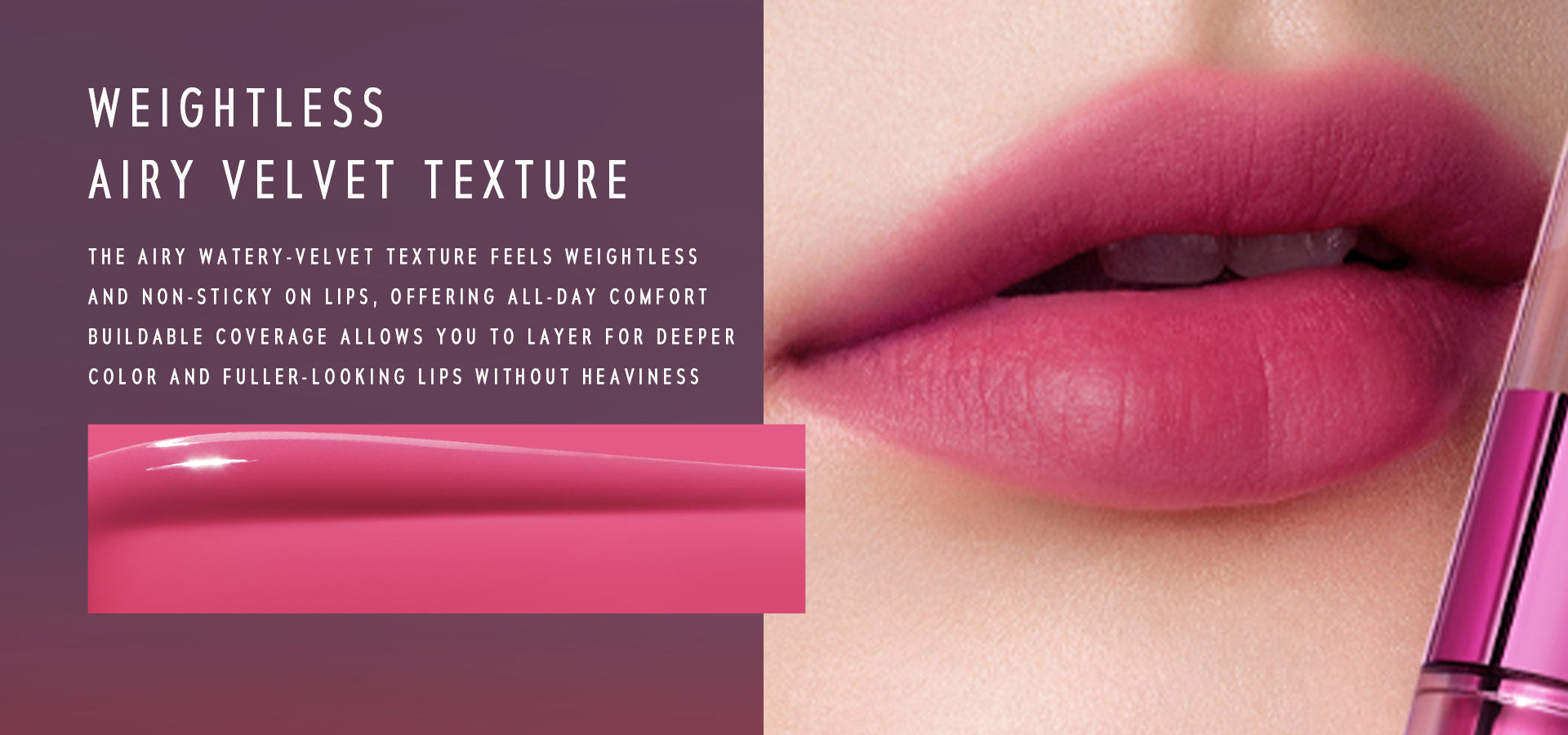 Time phoria ALTERA Blurring Lip Tint  Close-up of pink lipstick on lips with text 'WEIGHTLESS AIRY VELVET TEXTURE'
