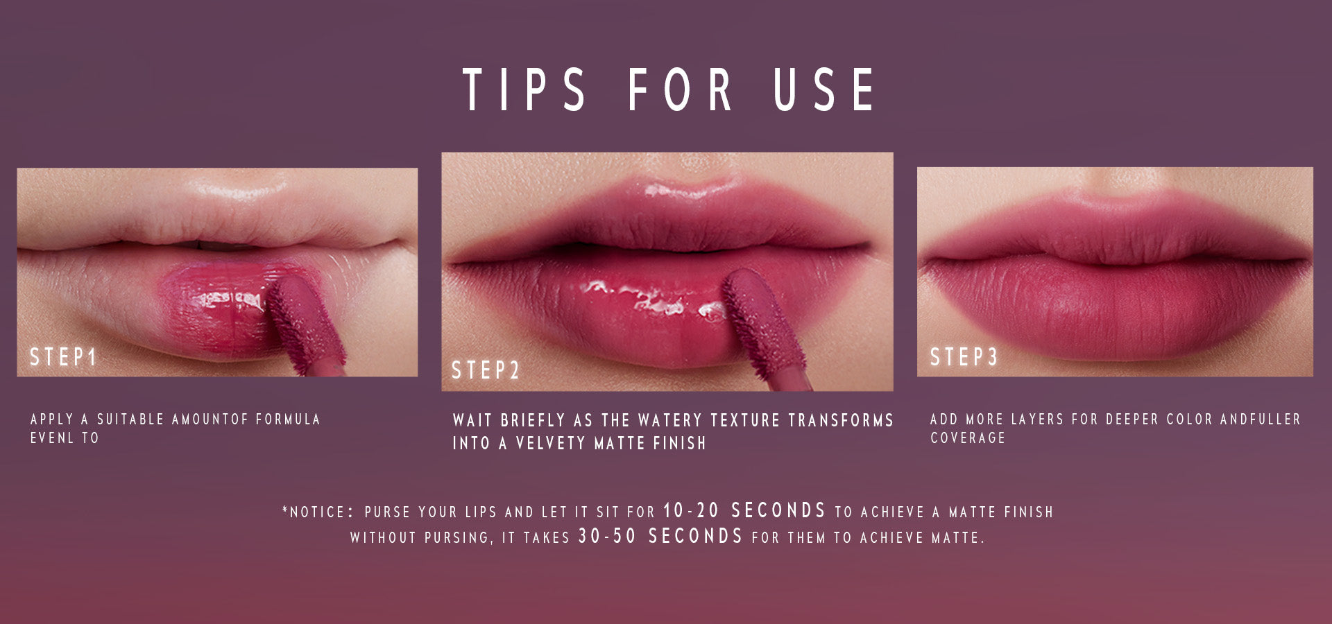 Time phoria ALTERA Blurring Lip Tint application steps with text on a purple background