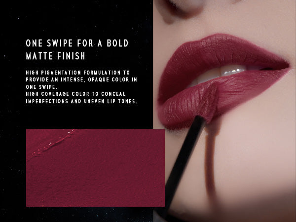 Timephoira Lip matte application with text describing product feature 'ONE SWIPE FOR A BOLD MATTE FINISH'