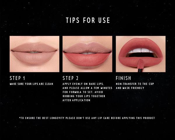 Timephoira Lip matte application tips with step-by-step instructions on a black background
