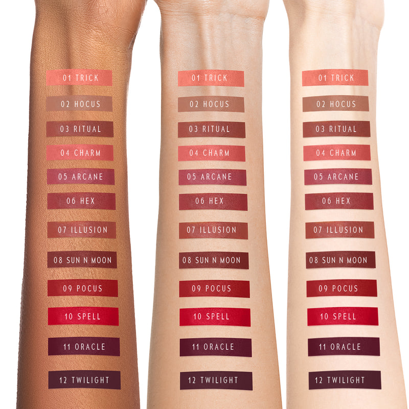 Timephoira Lip matte color swatches on different skin tones with color names.
