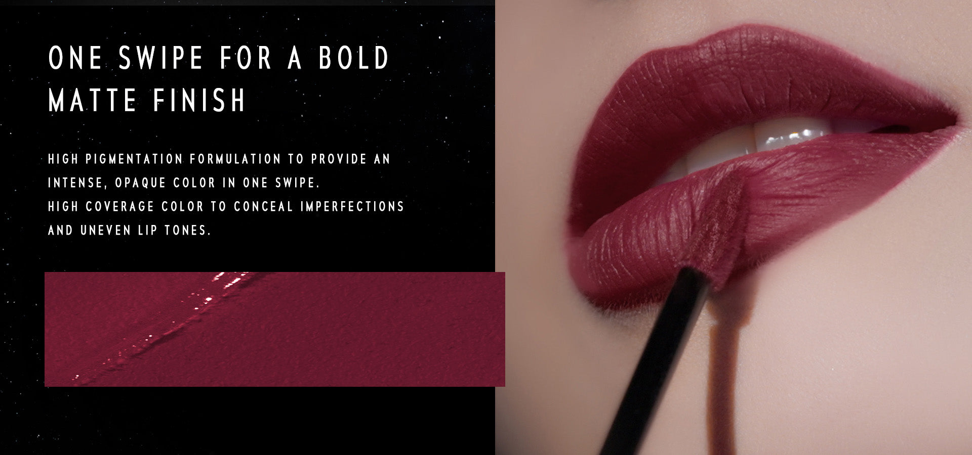 Timephoira Lip matte application with text describing product feature 'ONE SWIPE FOR A BOLD MATTE FINISH'