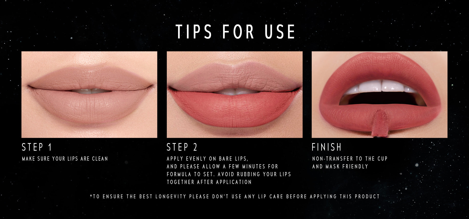 Timephoira Lip matte application tips with step-by-step instructions on a black background