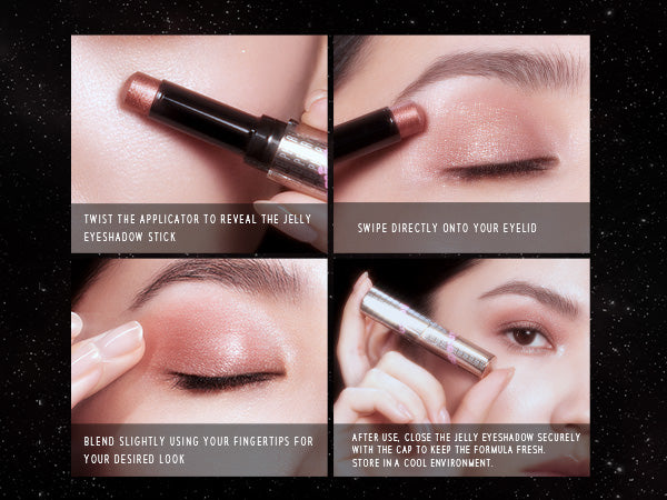 Time Phoria Illumina Jelly Eyeshadow Stick Step-by-step guide on using a makeup product with close-up shots and text instructions.