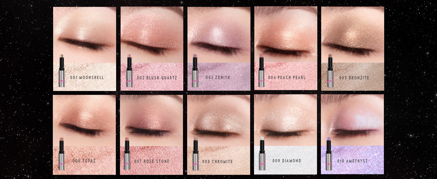 Time Phoria Illumina Jelly Eyeshadow Stick Collage of close-up shots of eyes with different makeup products applied.