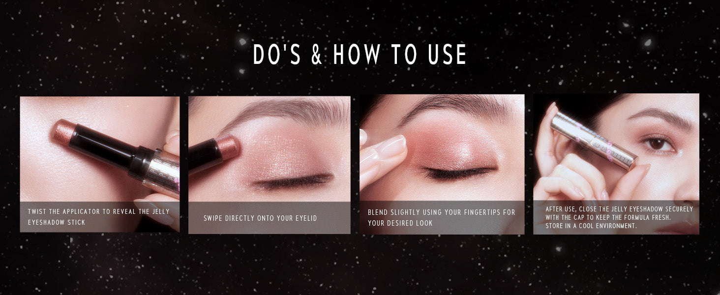 Time Phoria Illumina Jelly Eyeshadow Stick Step-by-step guide on using a makeup product with close-up shots and text instructions.