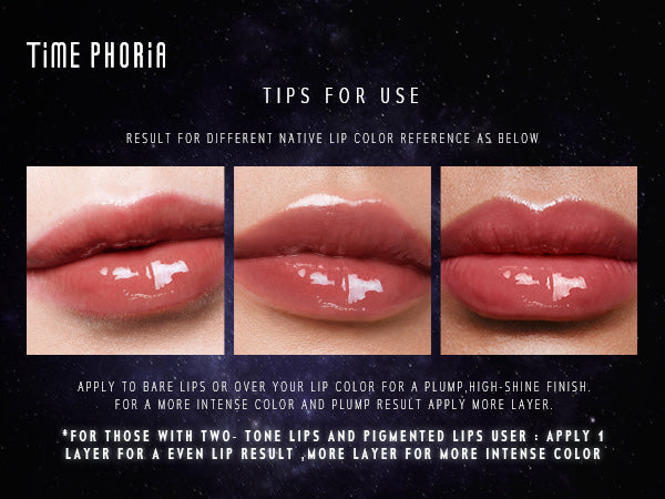 Timephoria 3D Lip Gloss application tips in different skin tones