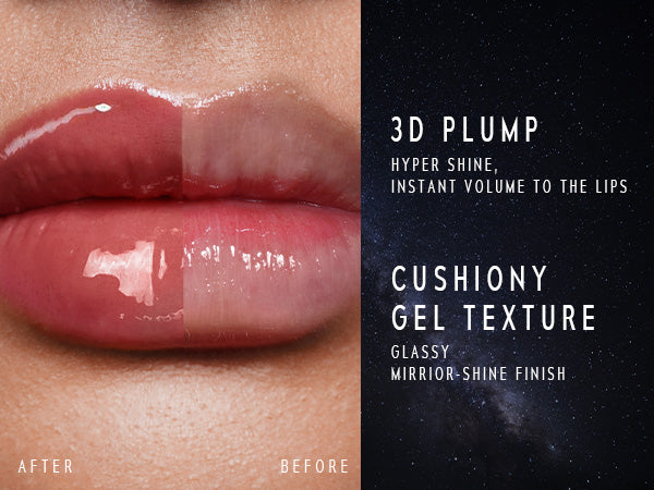 Timephoria 3D Lip Gloss advertisement with close-up of before and after lips and product description '3D PLUMP CUSHIONY GEL TEXTURE'