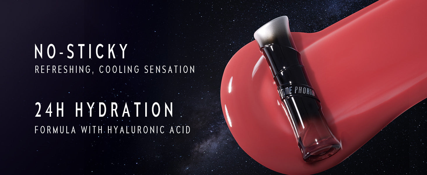 Timephoria 3D Lip Gloss with text highlighting features 'NO-STICKY 24H HYDRATION'