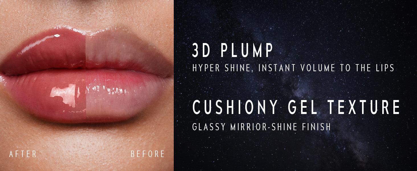 Timephoria 3D Lip Gloss advertisement with close-up of before and after lips and product description '3D PLUMP CUSHIONY GEL TEXTURE'