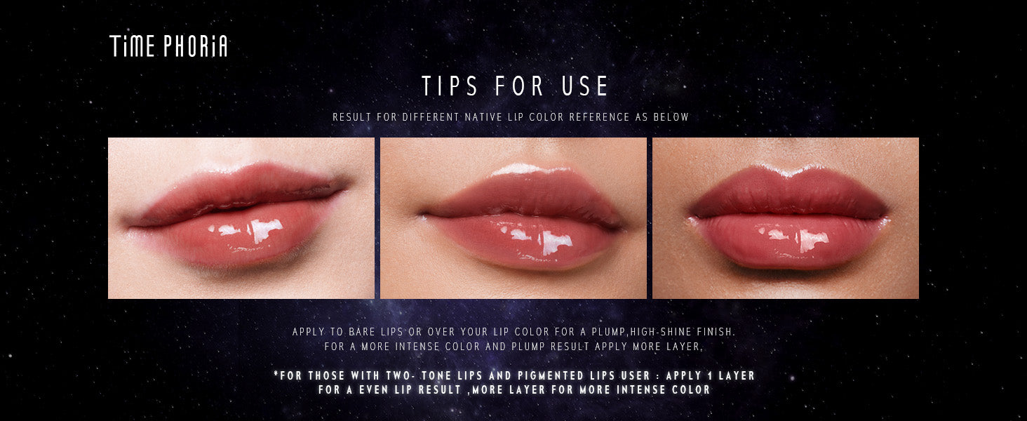 Timephoria 3D Lip Gloss application tips in different skin tones