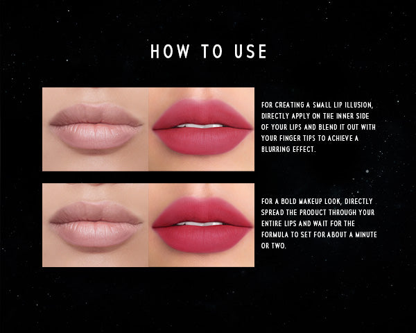 Timephoria Velvet lip cream Instructions on how to use with before and after finish.