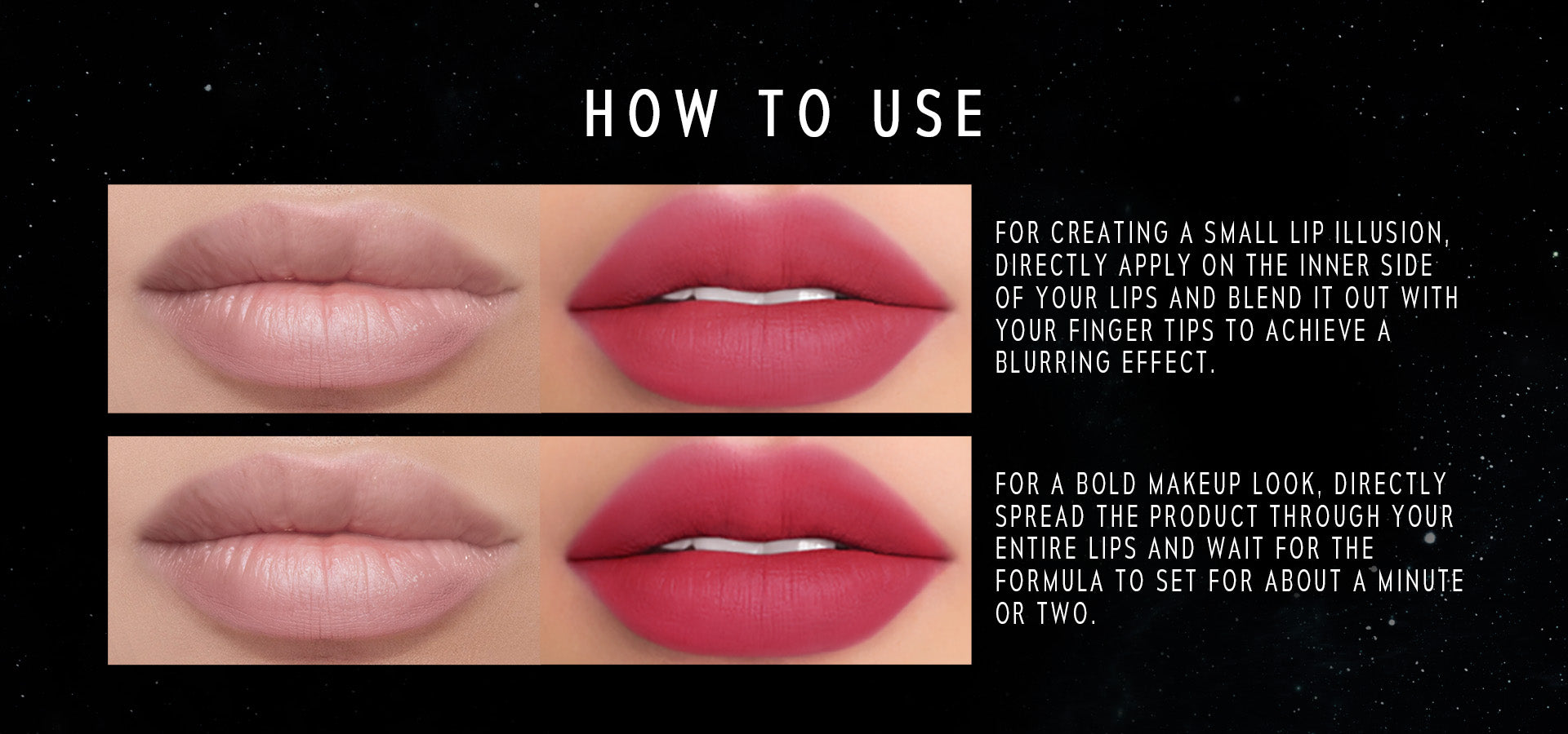 Timephoria Velvet lip cream Instructions on how to use with before and after finish.
