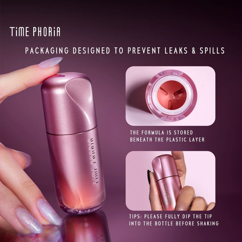 TIMEPHORIA CHEEK LIQUID BLUSH with text 'FLEXIBLE PRECISION DESIGN ULTRA-SOFT SPONGE TIP CONTROLLED DISPENSING 