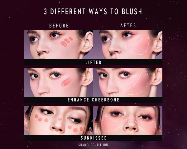 TIMEPHORIA CHEEK LIQUID BLUSH Before and after makeup application in 3 different blushing ways