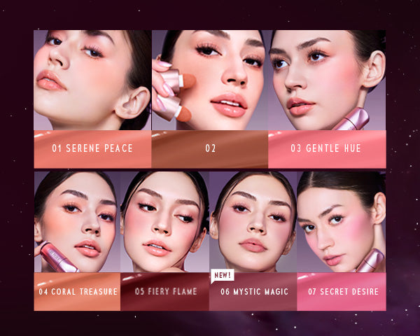 TIMEPHORIA CHEEK LIQUID BLUSH Collage of a woman applying makeup with color names below each frame.