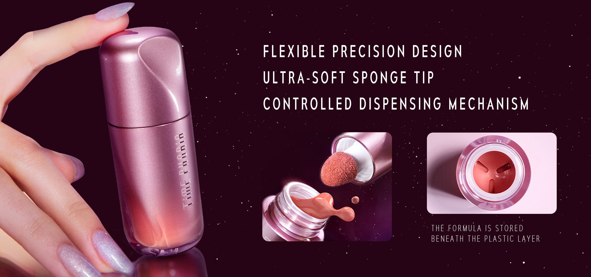 TIMEPHORIA CHEEK LIQUID BLUSH with text 'FLEXIBLE PRECISION DESIGN ULTRA-SOFT SPONGE TIP CONTROLLED DISPENSING MECHANISM'