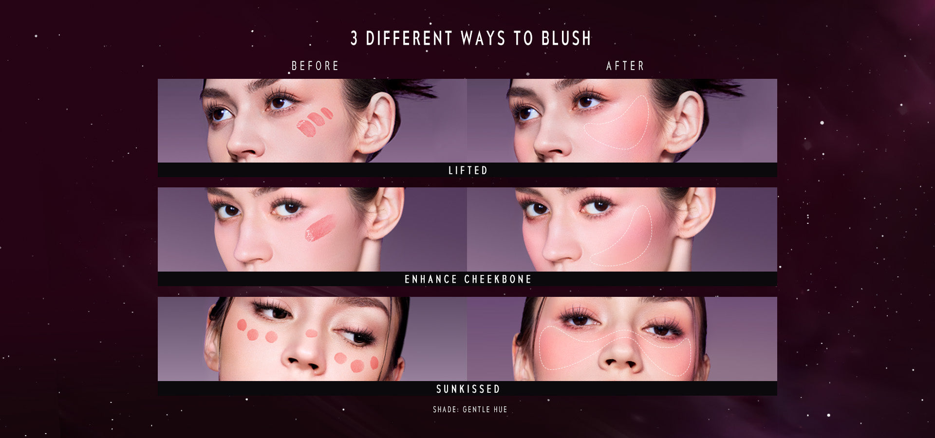 TIMEPHORIA CHEEK LIQUID BLUSH Before and after makeup application in 3 different blushing ways