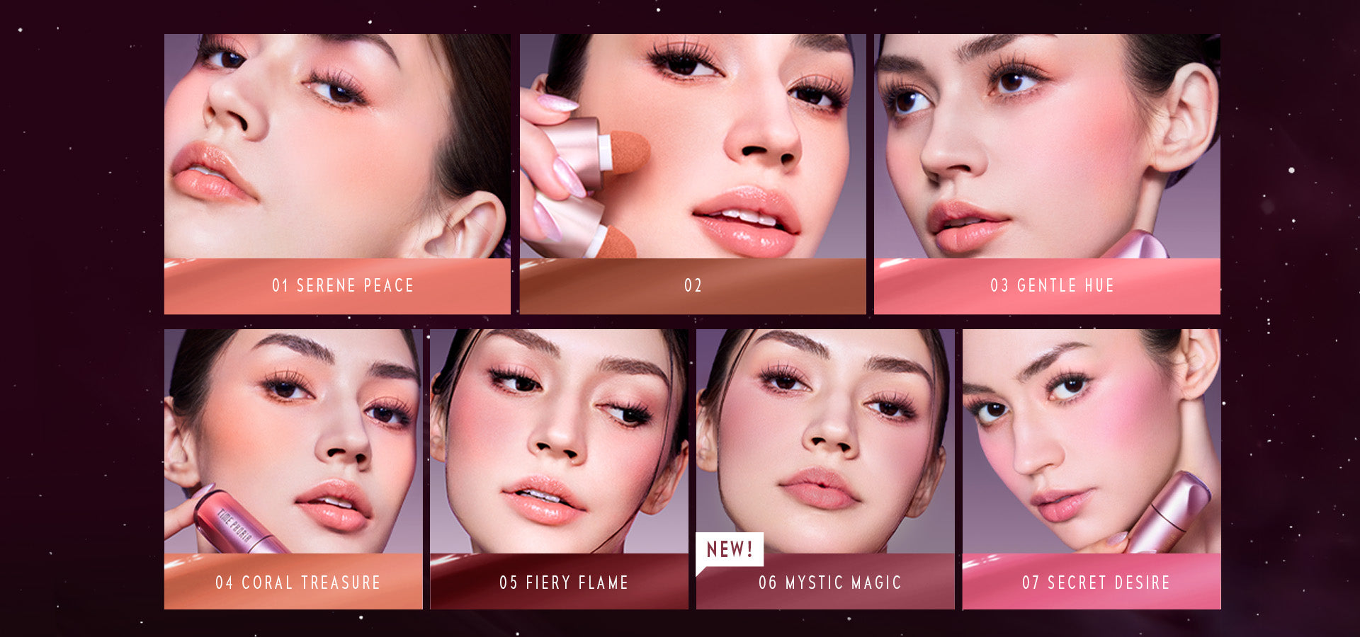 TIMEPHORIA CHEEK LIQUID BLUSH Collage of a woman applying makeup with color names below each frame.