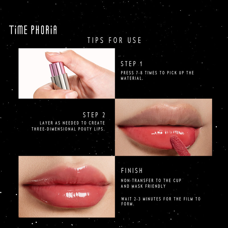 Timephoria ultra stay-shine lip vinyl Instructions for using a lip product with close-up images of lips and a lip product.