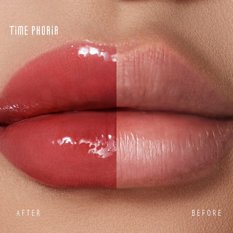 Timephoria ultra stay-shine lip vinyl  Lips shown before and after application of a cosmetic product, with 'Time Phoria' branding.