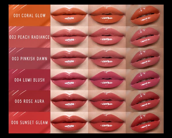 Timephoria ultra stay-shine lip vinyl color swatches with shades in different skin tones
