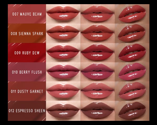 Timephoria ultra stay-shine lip vinyl color swatches with shades in different skin tones