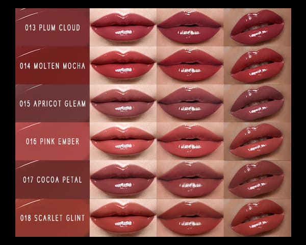 Timephoria ultra stay-shine lip vinyl color swatches with shades in different skin tones