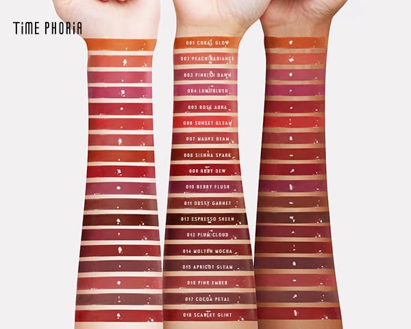Timephoria ultra stay-shine lip vinyl Color swatches on a person's arm with color names 