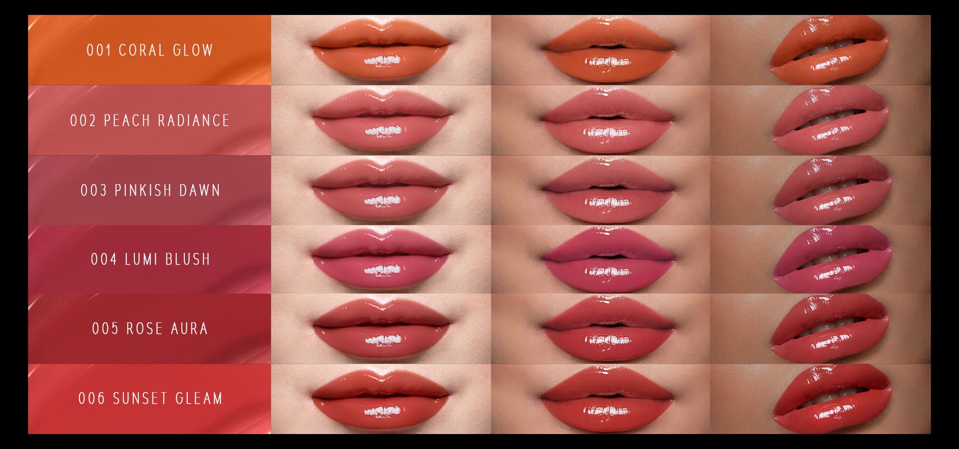 Timephoria ultra stay-shine lip vinyl color swatches with shades in different skin tones