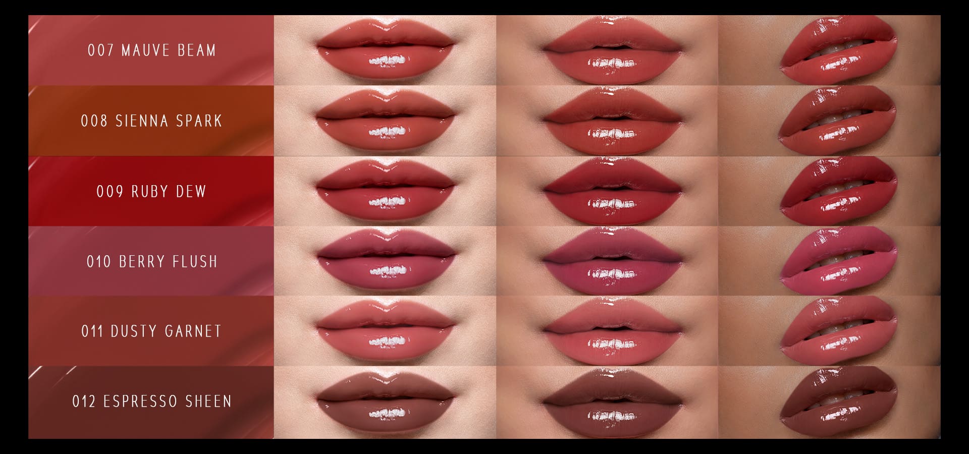 Timephoria ultra stay-shine lip vinyl color swatches with shades in different skin tones