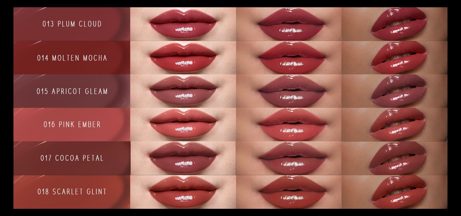 Timephoria ultra stay-shine lip vinyl color swatches with shades in different skin tones
