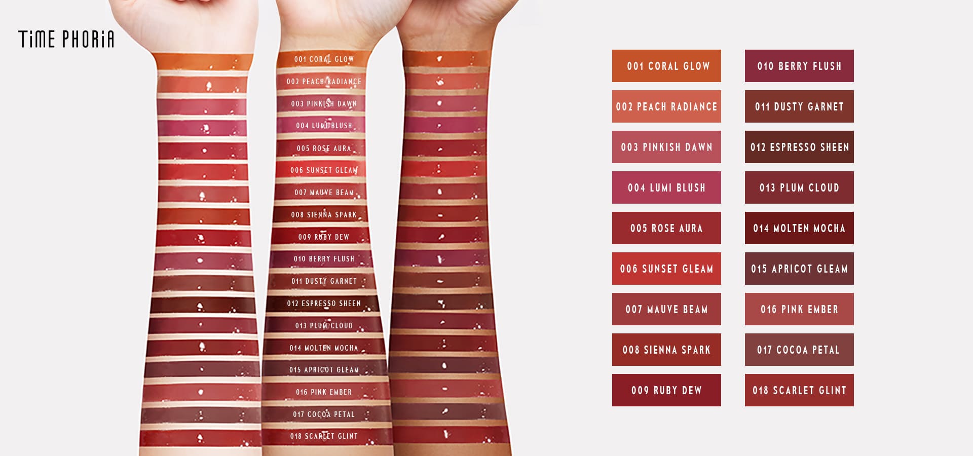 Timephoria ultra stay-shine lip vinyl Color swatches on a person's arm with color names 