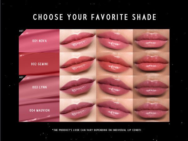 TimePhoria STELLAR DUST LIP STAIN shades with swatches on lips against a black background