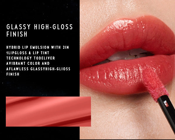 TimePhoria STELLAR DUST LIP STAIN application with gloss finish and product description text on a black background