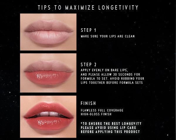 TimePhoria STELLAR DUST LIP STAIN application guide with steps to maximize longevity on a black background