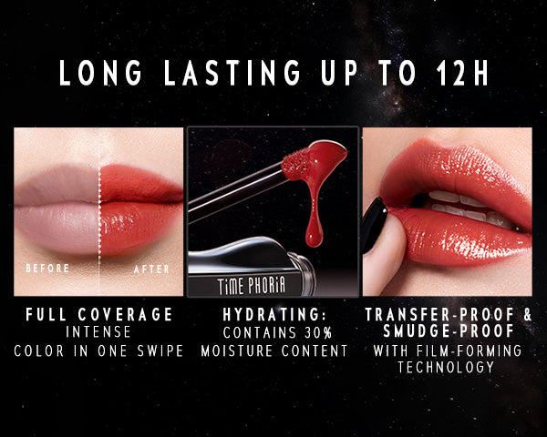 TimePhoria STELLAR DUST LIP STAIN advertisement with before and after effects, hydrating properties, and transfer-proof features on a black background.