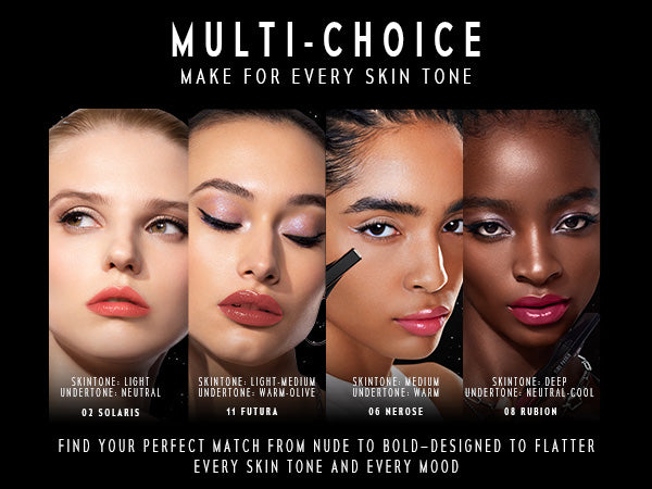 TimePhoria STELLAR DUST LIP STAIN with four models showcasing different skin tones and makeup looks.