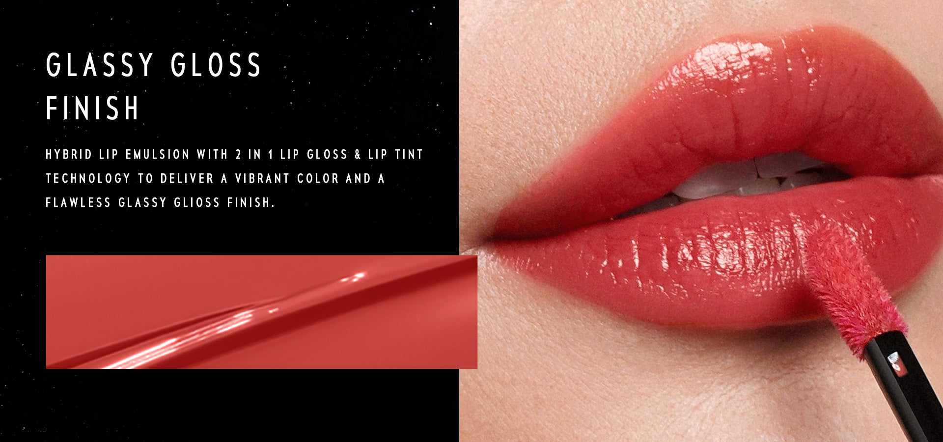 time phoria  STELLAR DUST LIP STAIN with gloss finish applied to lips, close-up view.